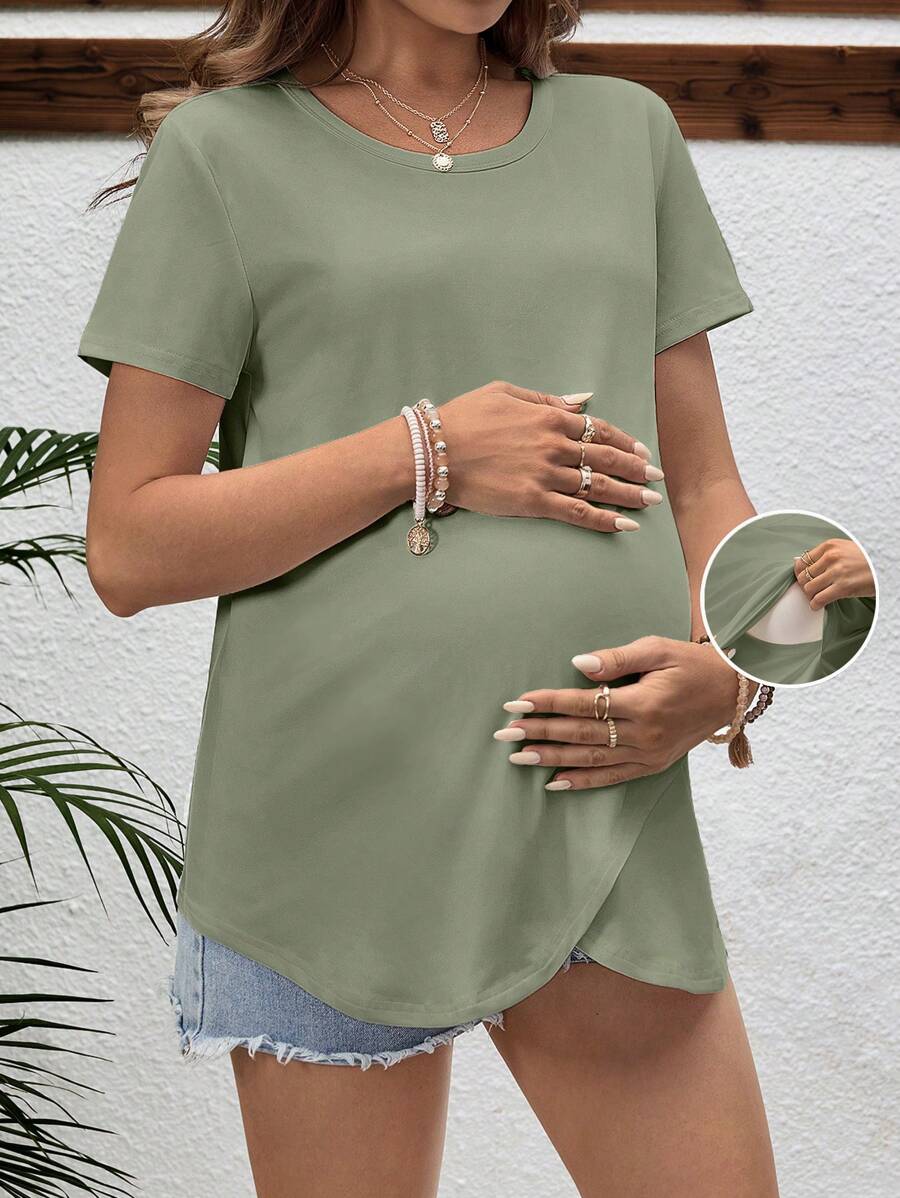 SHEIN Solid Color Round Neck Short Sleeve Maternity & Nursing Top