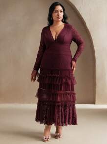 Anewsta 大码女式蕾丝长袖 A 字裙，优雅适合节日、度假、假日、休闲装、春夏季 - 酒紅色 - 查看 4