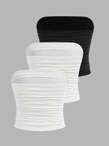SHEIN Tween Girls 3pcs Seamless Ruched Non-Slip Strapless Tube Top - Black and White - View 2
