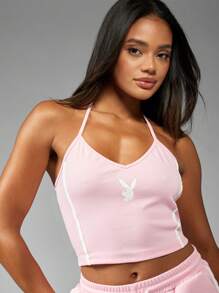 Missguided x Playboy Top corto de entrenamiento con cuello de halter y logotipo distintivo, estilo de sujetador deportivo atlético, top sin mangas de verano, ropa de ocio deportivo, atuendo de entrenamiento de estilo Y2K, ropa de estar en casa