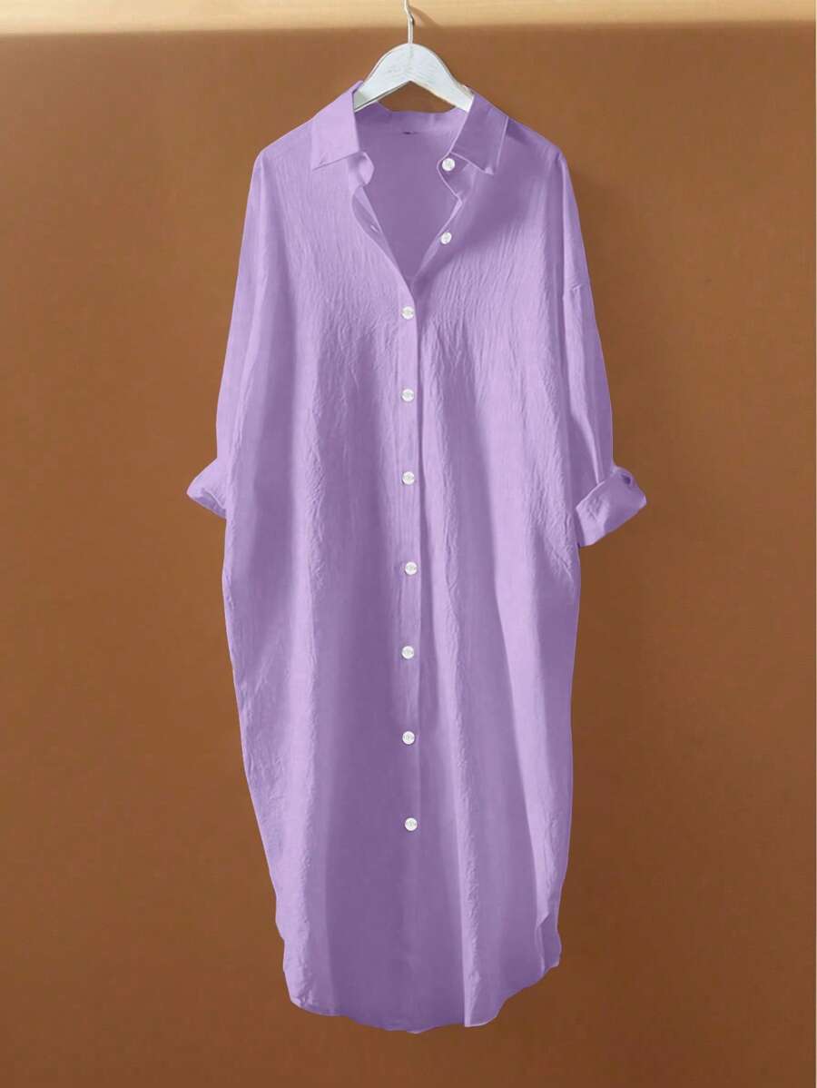Omancia 褶皱长款纽扣落肩女式衬衫 - 紫色 - 查看 1