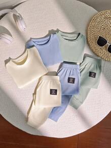 SHEIN Playful Pals 6件套男婴夏季纯棉条纹短袖T恤和裤子套装，白色、蓝色、绿色，舒适、休闲、百搭，适合日常穿着 - 彩色 - 查看 3