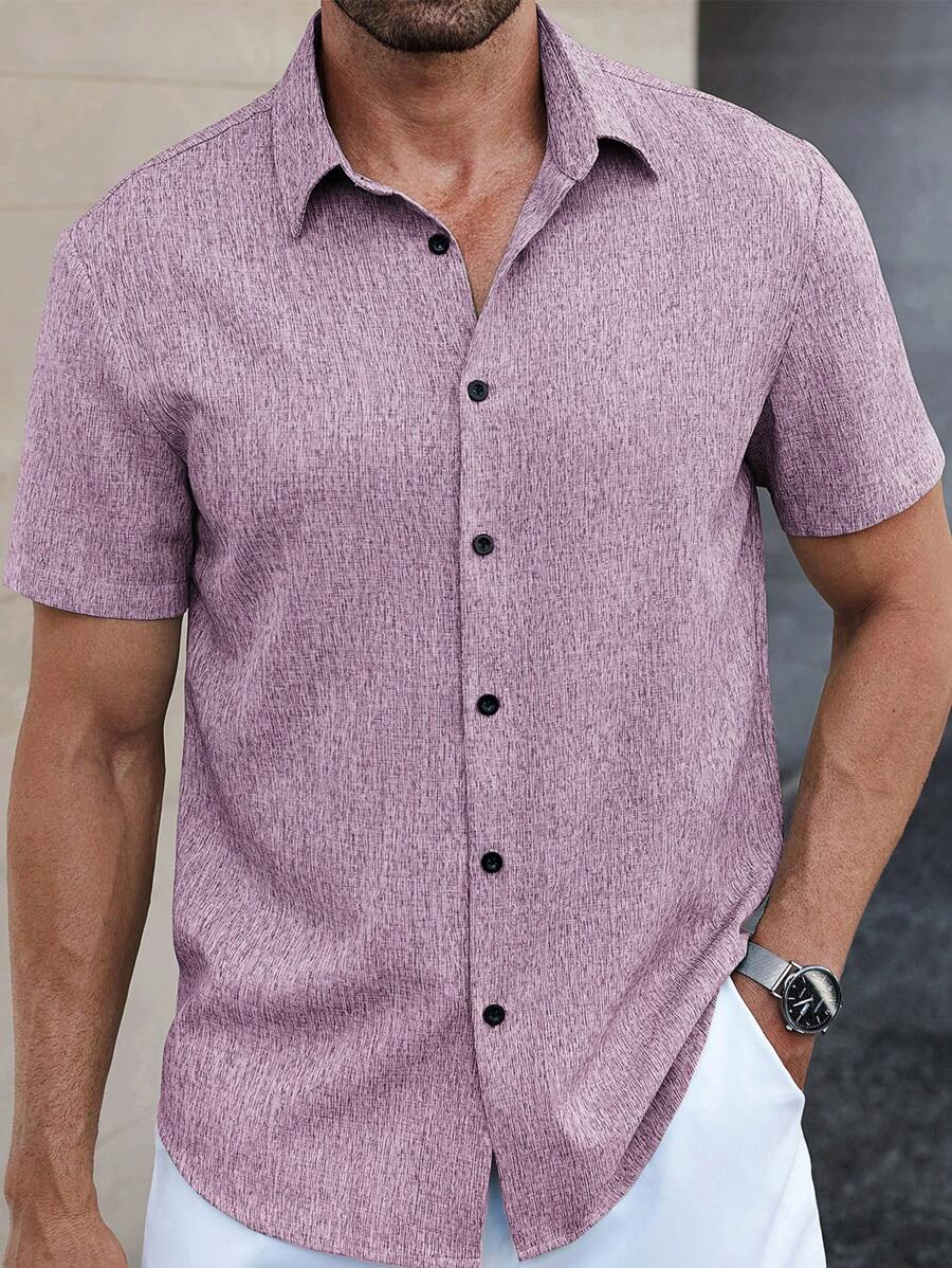 Manfinity Homme Manfinity CasualCool 男士亚麻条纹短袖衬衫，适合夏季日常通勤 - 淺灰色 - 查看 1