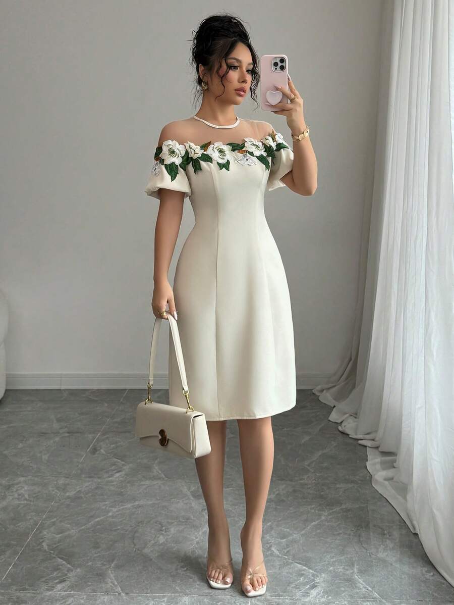 Lyxana Váy midi tay bồng thêu hoa hồng trắng vai trễ vai thời trang mới xuân hè cho nữ - trắng - Xem 1
