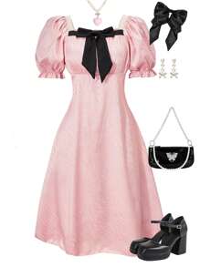 SHEIN Explorewe Spring/Summer Teen Girls ME Casual Street Patchwork Decorative Collar Short Sleeve Slim Fit Mini Dress, Suitable For Daily, Commute, Street Style, Gatherings With Friends - Pink - View 3