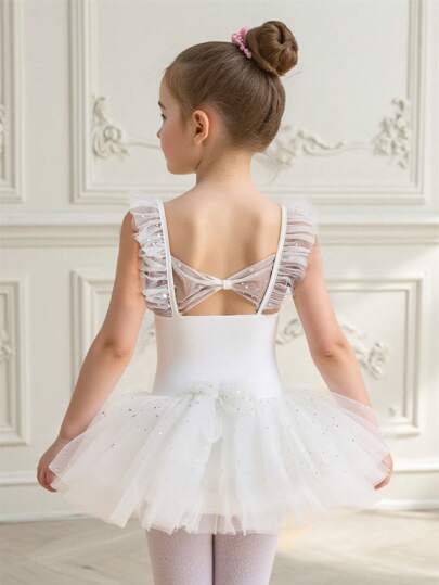 SHEIN Young Girls Ballet Dance Costume, White Sleeveless Lace Cap Sleeve Leotard Ballet Dress For Dance Practice, Summer