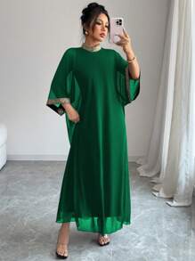 Elenzga Women's Elegant Woven Ribbon Decor Batwing Sleeve Dress - Green - View 5