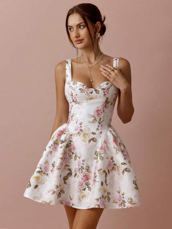 Enchnt Spring/Summer Romantic Women's White Rose Print Sweetheart Neck Sleeveless Cute Mini Dress,Sweet&Elegant&Modest Sundress For Birthday&Holiday Party&Sweet Date&Vacation&Graduation Season&Fairycore,Summer Outfits For Women,Wedding Guest Dress Women,Bridal Shower Dress,Concert Outfit Women,Easter Outfit Women,Vestidos De Fiesta Elegantes,Rave Outfits Festival
