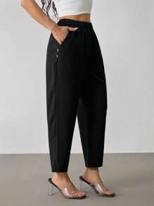 SHEIN PETITE Women Casual Commuter Plain Color Tapered Pants - Black - View 1