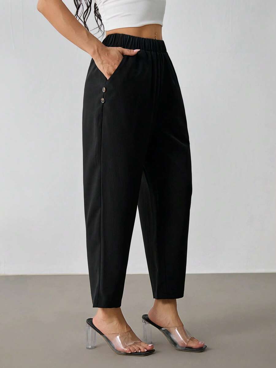 SHEIN PETITE Women Casual Commuter Plain Color Tapered Pants - Black - View 1