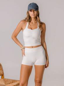 Aralina Leisurewear Halter Neck Ruched Front Slim Fit Active Workout Top - White - View 6