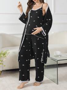 Moonlight&Mama 3pcs Maternity Sleepwear Set With Romantic Bubble & Cherry Blossom Print, Cozy And Elegant Details, Clothes, Fall & Winter - Black - View 4