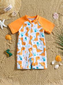Newborn Zipper One-Piece Swimsuit, Adorable Dinosaur Print Toddler Beach Wear Toddler Boy Beach Clothes Baby Boy Beach Clothes Baby Beach Wear Baby Boy Beach Wear