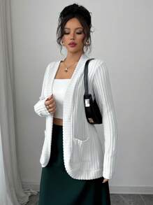 Elenzga Women's Casual Ribbed Brushed Open Front Jacket With Side Pockets Shorts - White - View 7