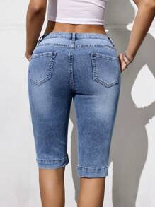 SHEIN EZwear 女式口袋紧身休闲百搭 3/4 长牛仔裤 - 淺色水洗藍 - 查看 2