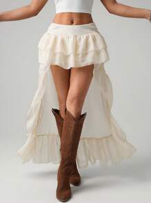 SHEIN ICON Layered Ruffled Hem Chiffon Skirt With Train - Beige - View 4