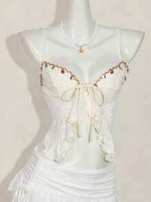 SHEIN ICON Textured Jacquard Fabric Slit Hem Bohemian Style Camisole - Beige - View 6