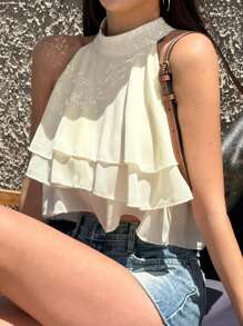 DAZY 女士雪纺露背吊带无袖度假上衣，荷叶边