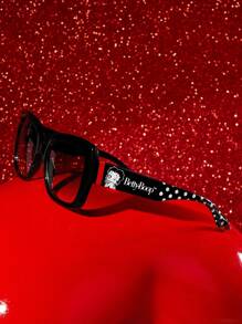 Betty Boop x SHEIN Large Frame Square Black Fashionable Eyeglasses, Polka Dot & Lip Print Versatile For Daily Wear, Comes With Storage Pouch, Suitable For Travel & Outdoor