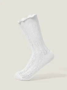 Muvela Ins 款式荷叶边波纹网眼夏季薄款袜子，白色玛丽珍中筒袜 - 白色 - 查看 4