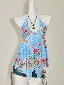 SHEIN ICON 休闲简约花卉全印花度假风格女式背心，适合夏季 - 藍色 - 查看 9