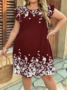 SHEIN VCAY Plus Size Casual Summer Floral Print Ruffle Trim Loose Dress Plus Size Christmas - Burgundy - View 6