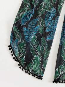 SHEIN Swim 1pc Women's Floral Leaf Print Tassel Decorated High Waist Jumpsuit, Vacation Style For Summer - Green - View 8