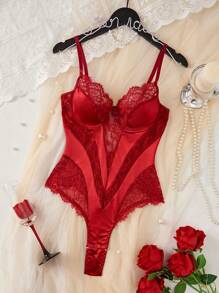 SHEIN 女士性感蕾丝拼布连体衣，适合外出穿着 - 酒紅色 - 查看 5