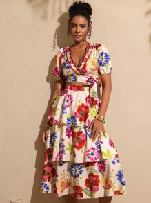 Vesra 2 件女士度假印花系带短款上衣和蛋糕裙套装