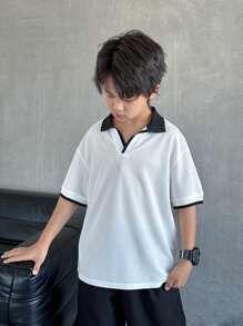 Tween 男童休闲度假百搭罗纹领半拉链 V 领宽松针织 Polo 衫，适合学校、花园、海滩、生日、春夏秋冬四季 - 白色 - 查看 4