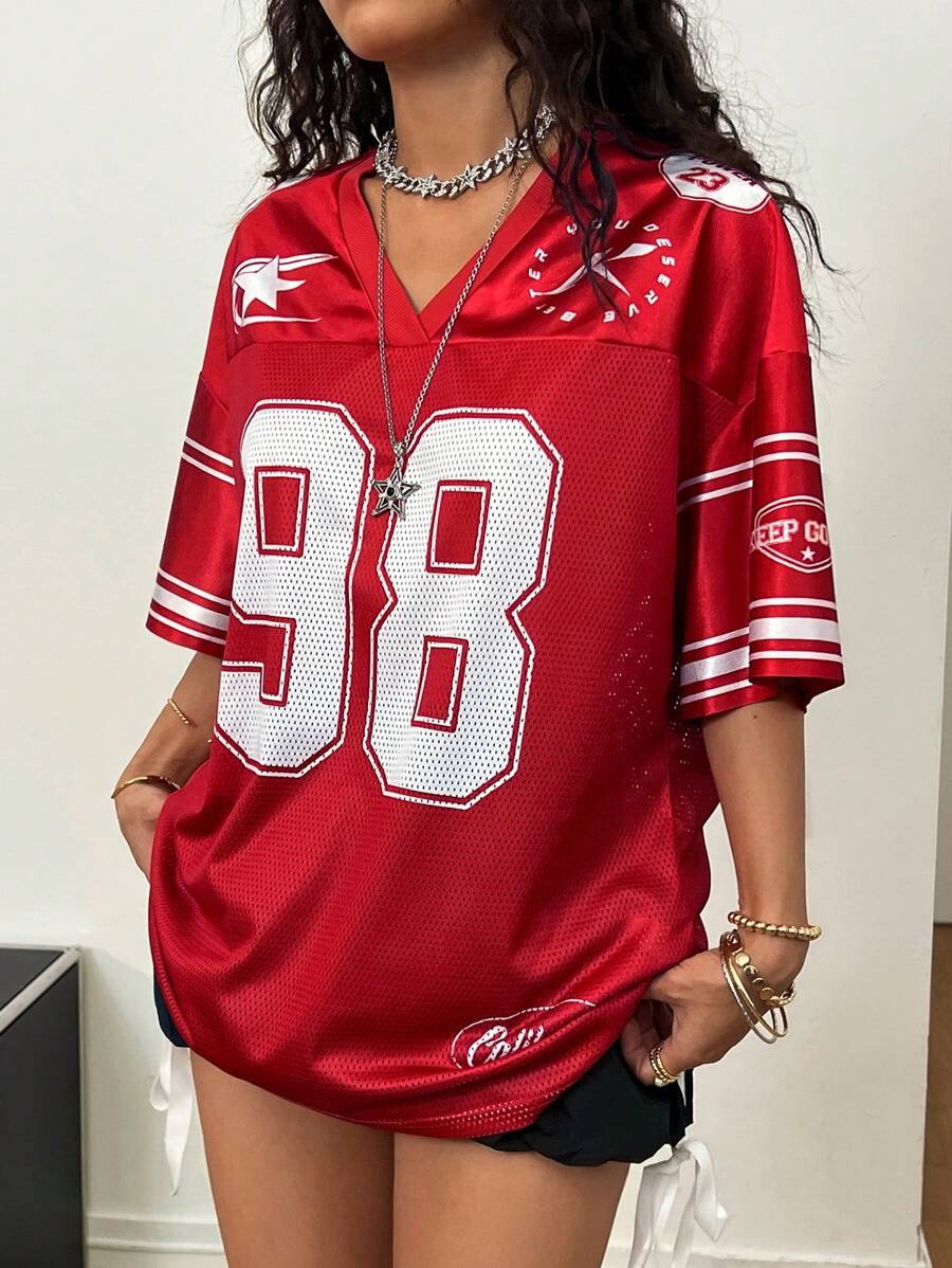 Coolane Women's Spring/Summer Festival Going Out Streetwear Vintage Breathable Mesh Number Pattern Graphics Baseball Jersey Red  Jersey T-Shirt
