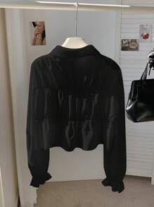 Comfortcana Plus Size Women 3D Bow Long Sleeve Short Blouse, Spring/Summer - Black - View 2