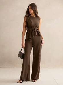 SHEIN Tall Women's Summer Elegant Dark Brown Office Two Pieces Set,Business Casual Solid Asymmetric Hem Vest Suit Pants,Old Money Style Fairy Teacher Outfit, Tall Women - Brown - View 3