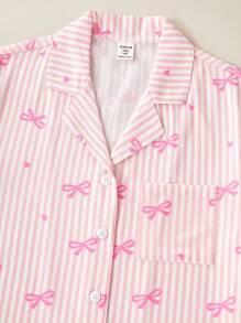 3pcs Tween Girls Cute Bow, Heart And Stripe Print Short Sleeve Cardigan, Long Pants And Shorts Pajama Set - Multicolor - View 4