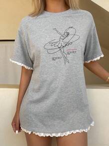 DAZY T-shirt da donna con scollo rotondo, stampa ritratto, inserti in pizzo a contrasto e maniche corte, maglietta grafica estiva - Grigio - Visualizzare 5