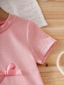 Baby Girls' Casual Cute White Round Neck Knitted Short Sleeve Tops With Bow Decor, Korean Style, Summer - Pink - View 6