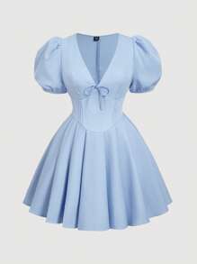 SHEIN MOD 大码女式蓝色 V 领泡泡袖休闲中长连衣裙母亲节连衣裙 7 月 4 日服装连衣裙毕业裙娃娃裙毕业裙文艺复兴博览会休闲夏装夏季长裙夏威夷女装文艺复兴博览会夏季女装端庄连衣裙花裙、女士生日礼服 - 藍色 - 查看 1