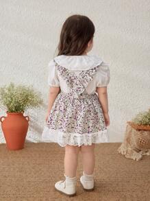 Blossori Baby Girls Elegant Ruffled Collar Blouse & Ditsy Floral Suspender Skirt 2 Pieces Sets, Spring/Summer - Multicolor - View 2
