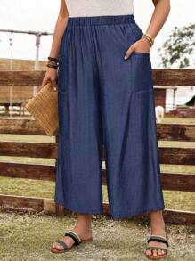 EMERY ROSE Plus Size Women's Early Spring Blue Denim Effect Capri Pants