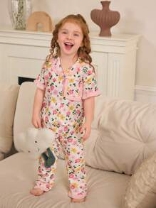 2pcs/Set Girls Floral Trimmed Short Sleeve Cardigan And Pants, Casual Comfortable Loose Fitting Pajama Sets For Toddlers, Summer