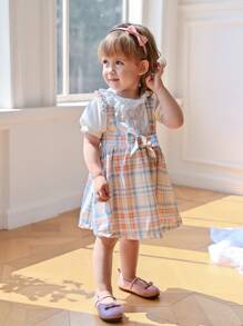 Souflis Souflis Baby Girl Puff Sleeve Peter Pan Collar Bowknot Dopamine Grid Cute Front Decorated Jumper Dress