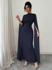 Rafferiza Petite Đầm suông co giãn xẻ vai chéo eo xếp ly thời trang thanh lịch, tay áo xòe bồng bềnh, váy dự tiệc cocktail màu đỏ cho mùa thu/đông - Màu xanh hải quân - Xem 4