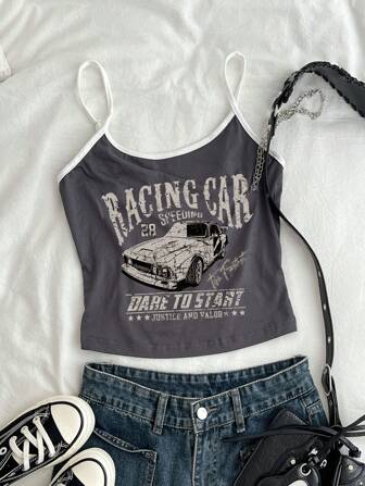 Attitoon Casual Short Patchwork Car Graphic Sexy Camisole Tank Top, Fit For Summer Women Back To School