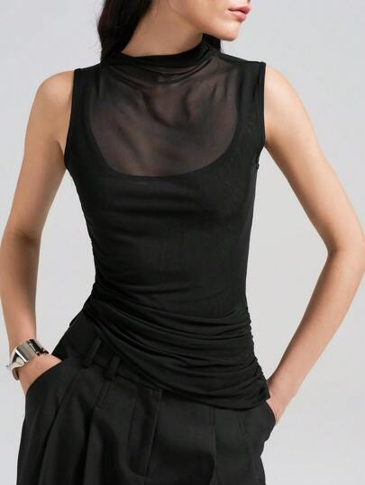 Ontre 2025 新品上市，毕业典礼，音乐节，音乐会，乡村音乐节，女士音乐活动服装，四向弹力网眼，优雅不对称下摆无袖上衣，针织网眼材质，四季百搭，商务休闲办公装，低调复古风，高品质都市通勤机场时尚