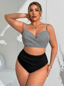 Swim Lushoire Plus Size Women Ribbed Textured Print Underwire Supportive Cross Front Top Paired With Black Ribbed Ruched Slimming Bottom, Beach Swimsuit Set, Summer - Black and White - View 5