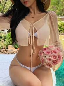 Áo khoác ngoài đi biển bằng chiffon mỏng gợi cảm dành cho nữ, thích hợp cho kỳ nghỉ xuân/hè. - Màu be - Xem 4