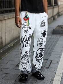 PAVTROS 男士休闲涂鸦印花裤 - 白色 - 查看 5