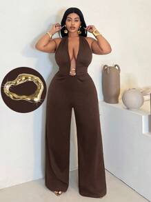 Maweii 大码女式性感纯色露背深 V 金属装饰纽扣连体裤，时尚百搭设计，适合派对和聚会