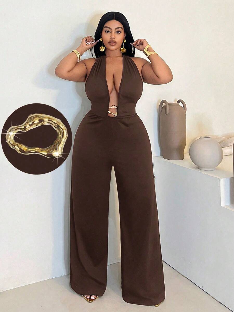 Maweii 大码女式性感纯色露背深 V 金属装饰纽扣连体裤，时尚百搭设计，适合派对和聚会