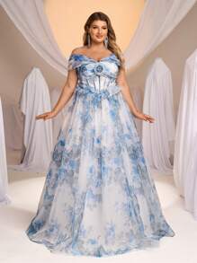 Glamrae Váy công chúa lãng mạn cỡ lớn, hở vai, hoa 3D thủ công, họa tiết hoa xanh nhạt, chân váy peplum, váy dạ hội trang trọng, thiết kế trang trí - Màu xanh lam - Xem 5